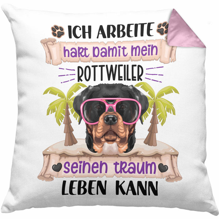 Rottweiler Besitzer Kissen mit Füllung 40x40 Geschenk Lustiger Spruch Geschenkidee Ich Arbeite Hart Damit Mein Rottweiler Seinen Traum Leben Kann (Grau) Rosa Trendation