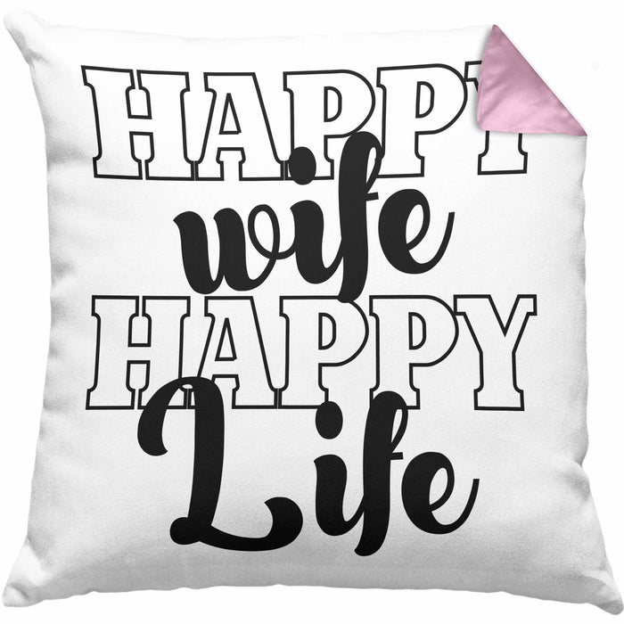 Lustige Kissen mit Füllung 40x40 Geschenk für Ehemann Spruch Happy Wife Happy Life Ehemann Geschenkidee (Grau) Rosa Trendation
