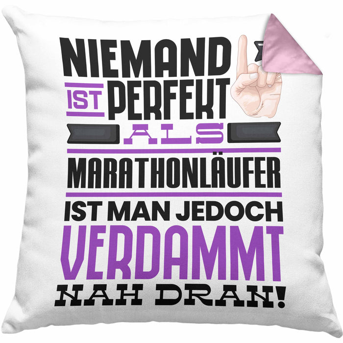 Marathonläufer Geschenk Kissen mit Füllung 40x40 Lustige Geschenkidee für Marathonläufer Geburtstag Niemand Ist Perfekt Aber Als Marathonläufer Ist Man Nah Dran (Grau) Rosa Trendation