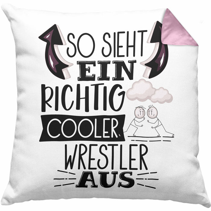 So Sieht Ein Richtig Cooler Wrestler Aus Geschenk Kissen mit Füllung 40x40 Lustiger Spruch Geschenkidee (Grau) Rosa Trendation