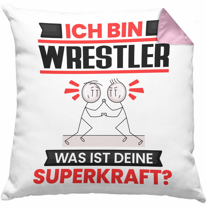 Wrestler Kissen mit Füllung 40x40 Geschenk für Wrestler Geburtstag Lustiger Spruch Was Ist Deine Superkraft (Grau) Rosa Trendation
