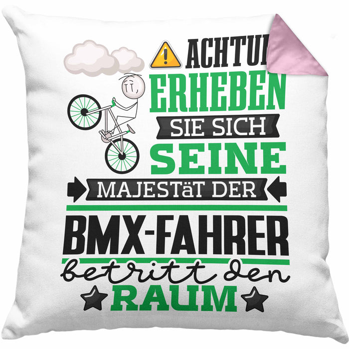 BMX-Fahrer Geschenk Kissen mit Füllung 40x40 Lustiger Spruch Erheben Sie Sich Der BMX-Fahrer Betritt den Raum (Grau) Rosa Trendation