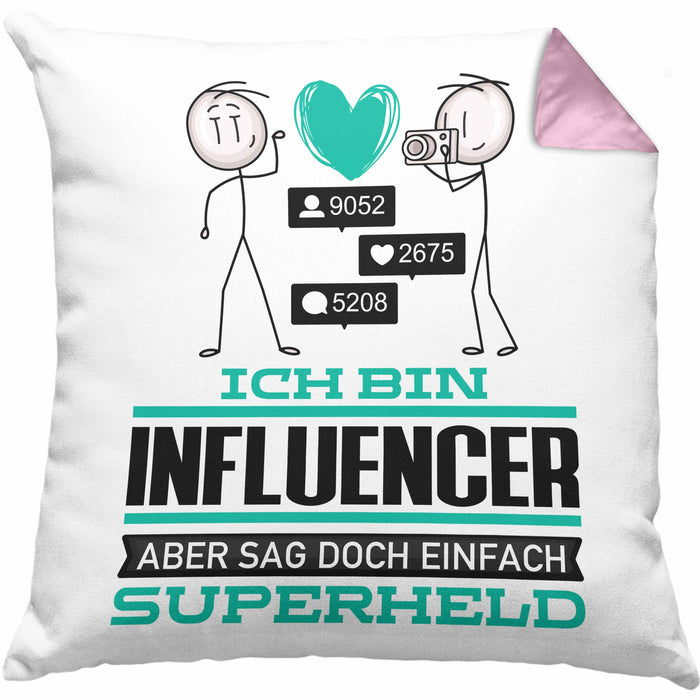 Influencer Geschenk Kissen mit Füllung 40x40 Ich Bin Influencer Aber Sag Doch Einfach Superheld Lustige Geschenkdiee für Influencer (Grau) Rosa Trendation