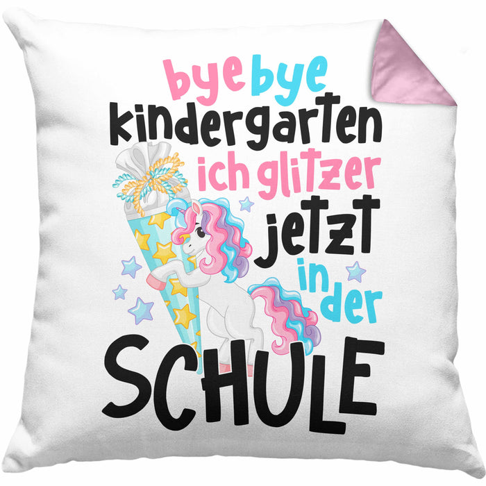Bye Bye Kindergarten Einschulung Mädchen Geschenk Kissen mit Füllung 40x40 Schulstart 1. Schultag Schuleinführung Schulanfang Geschenkidee 2024 Schulkind Ich Glitzer Jetzt In Der Schule (Grau) Rosa Trendation