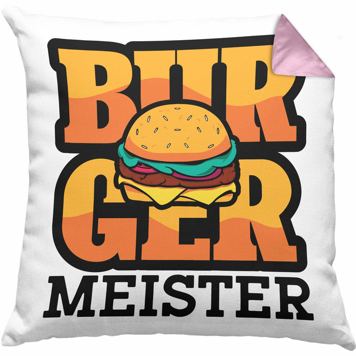 Burger Meister Kissen mit Füllung 40x40 Geschenk Spruch Grillen Sommer Burger Liebhaber Geschenkidee Cheeseburger (Grau) Rosa Trendation