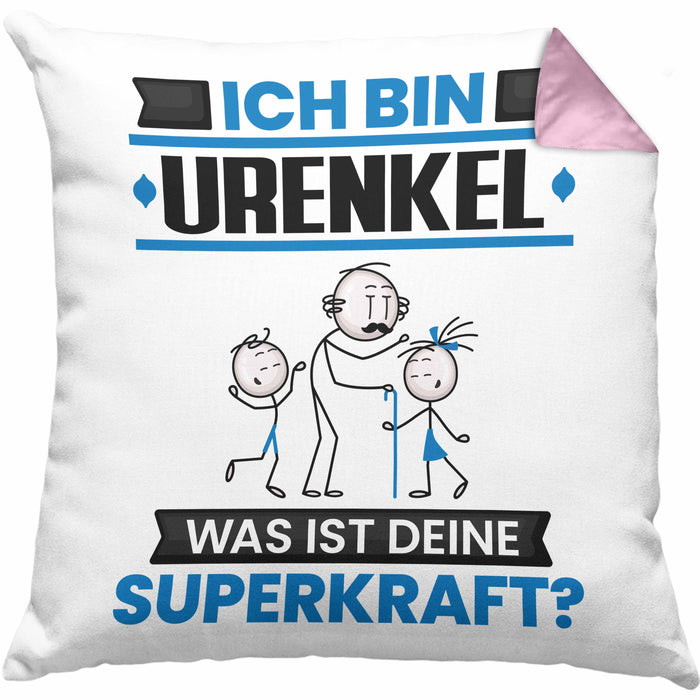Urenkel Kissen mit Füllung 40x40 Geschenk für Urenkel Geburtstag Lustiger Spruch Was Ist Deine Superkraft (Grau) Rosa Trendation