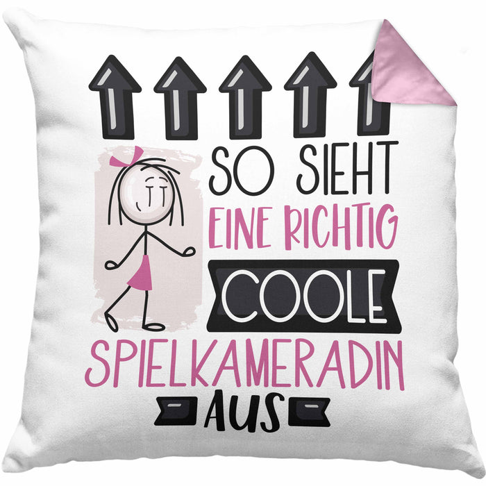 Spielkameradin Geschenk Kissen mit Füllung 40x40 Lustig Geschenkidee für Spielkameradin Geburtstag So Sieht Eine Richtig Coole Spielkameradin Aus Frauen Spruch (Grau) Rosa Trendation