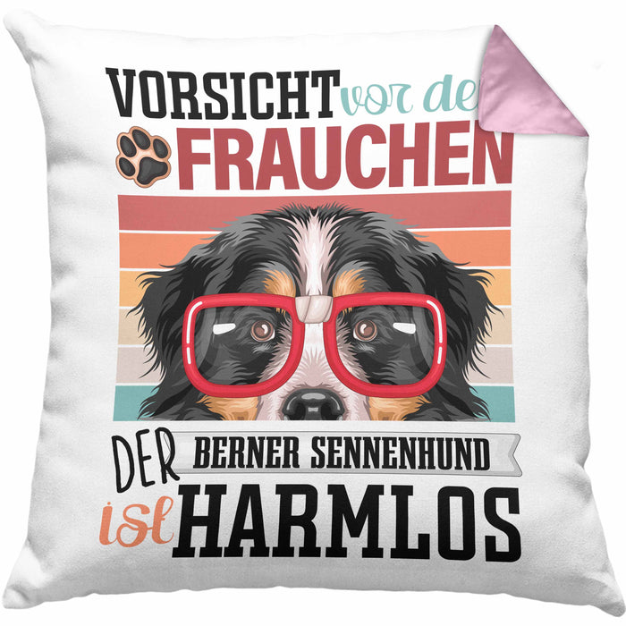 Berner Sennen Besitzerin Frauchen Kissen mit Füllung 40x40 Geschenk Lustiger Spruch Geschenkidee Vorsicht Vor Dem Frauchen (Grau) Rosa Trendation