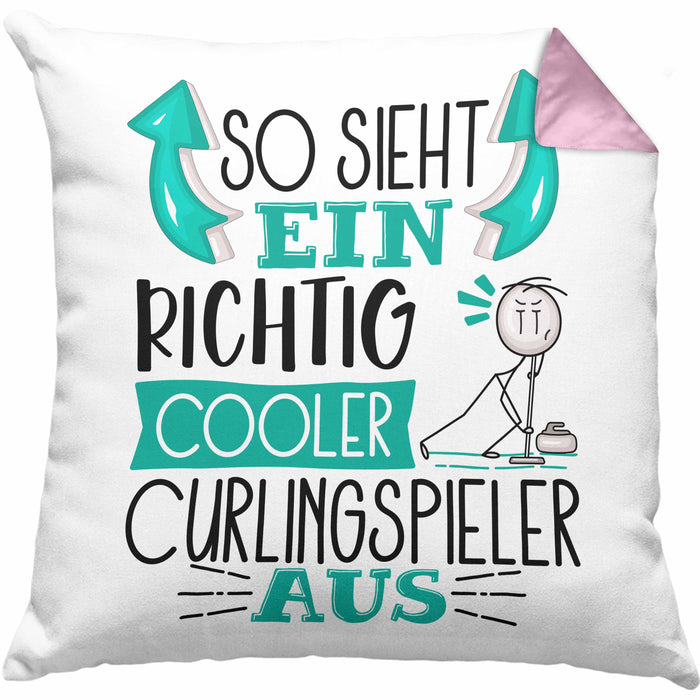Curlingspieler Kissen mit Füllung 40x40 Geschenk So Sieht Ein RIchtig Cooler Curlingspieler Aus Geschenkidee Lustiger Spruch Geburtstag Curling Spieler (Grau) Rosa Trendation