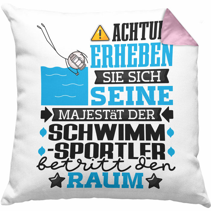 Schwimmsportler Geschenk Kissen mit Füllung 40x40 Lustiger Spruch Erheben Sie Sich Der Schwimmsportler Betritt den Raum (Grau) Rosa Trendation