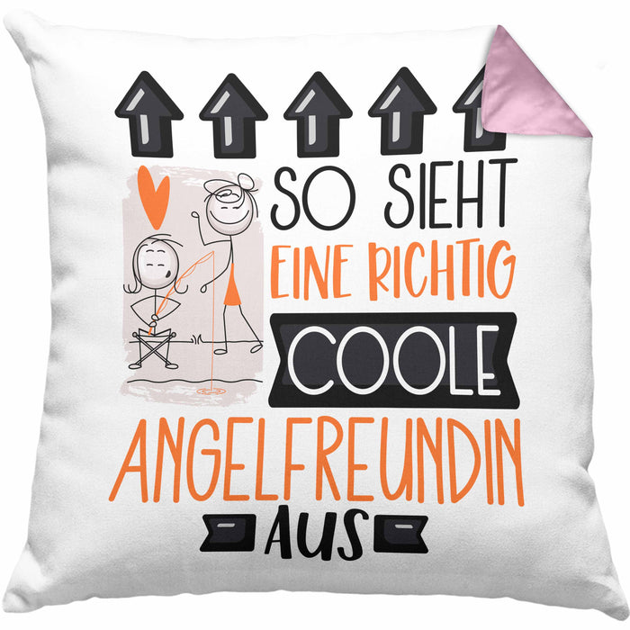 Angelfreundin Geschenk Kissen mit Füllung 40x40 Lustig Geschenkidee für Angelfreundin Geburtstag So Sieht Eine Richtig Coole Angelfreundin Aus Frauen Spruch Anglerin (Grau) Rosa Trendation