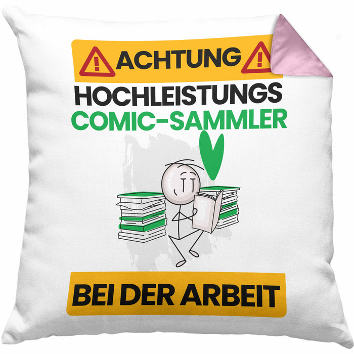 Comic-Sammler Kissen mit Füllung 40x40 Geschenk Lustiger Spruch Geschenkidee für Comic-Sammler Achtung Hochleistungs Comic-Sammler Bei Der Arbeit (Grau) Rosa Trendation