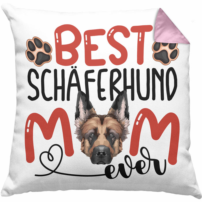 Schäferhund Mom Besitzerin Kissen mit Füllung 40x40 Geschenk Lustiger Spruch Geschenkidee Besitzerin Schäferhund Mama (Grau) Rosa Trendation