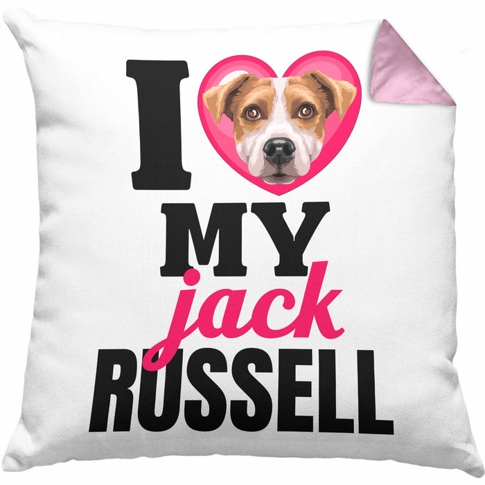 Jack Russell Besitzerin Kissen mit Füllung 40x40 Geschenk Lustiger Spruch Geschenkidee I Love My Jack Russell (Grau) Rosa Trendation