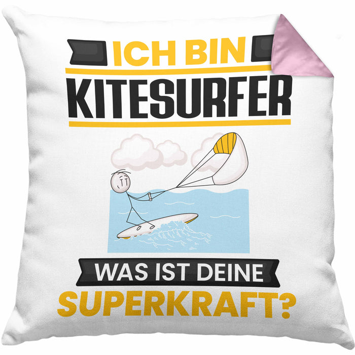 Kitesurfer Kissen mit Füllung 40x40 Geschenk für Kitesurfer Geburtstag Lustiger Spruch Was Ist Deine Superkraft (Grau) Rosa Trendation