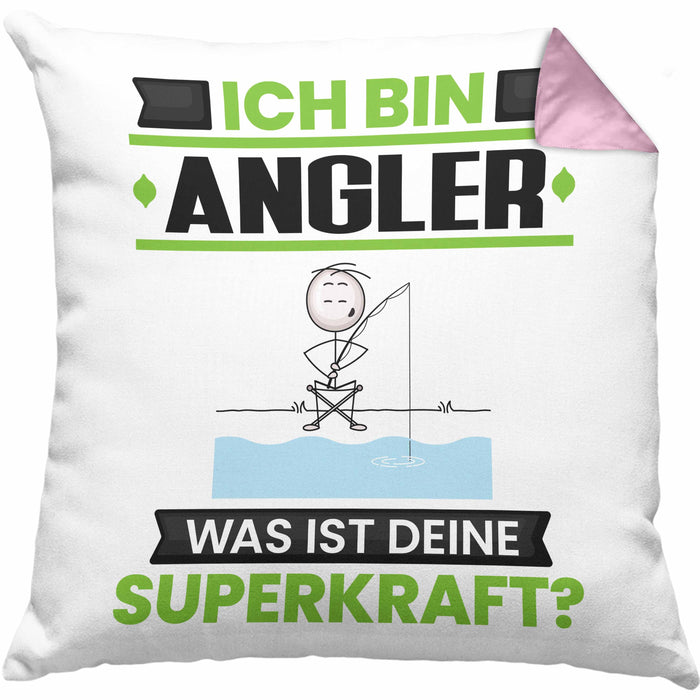 Angler Kissen mit Füllung 40x40 Geschenk für Angler Geburtstag Lustiger Spruch Was Ist Deine Superkraft (Grau) Rosa Trendation