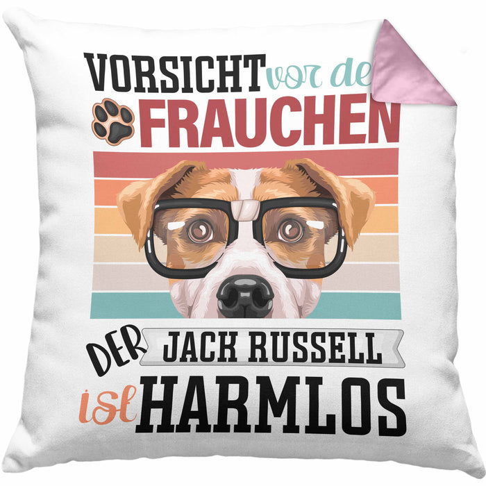 Jack Russell Besitzerin Frauchen Kissen mit Füllung 40x40 Geschenk Lustiger Spruch Geschenkidee Vorsicht Vor Dem Frauchen (Grau) Rosa Trendation