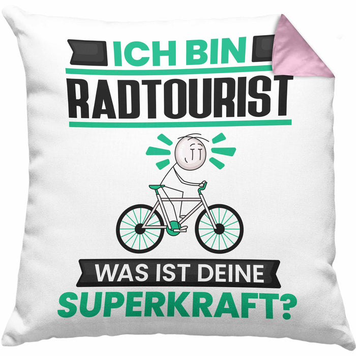 Radtourist Kissen mit Füllung 40x40 Geschenk für Radtourist Geburtstag Lustiger Spruch Was Ist Deine Superkraft (Grau) Rosa Trendation
