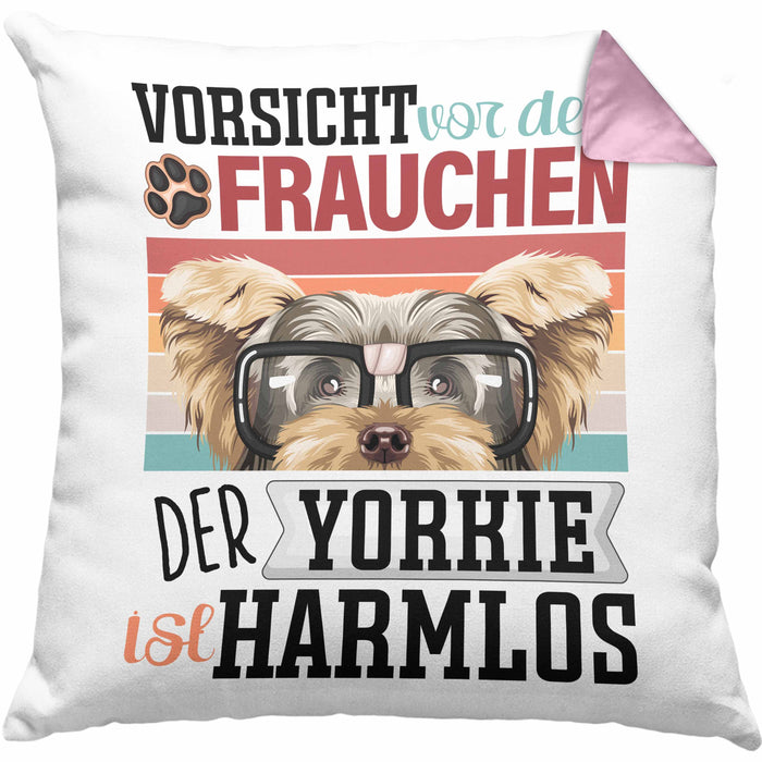 Yorkie Besitzerin Frauchen Kissen mit Füllung 40x40 Geschenk Lustiger Spruch Geschenkidee Vorsicht Vor Dem Frauchen (Grau) Rosa Trendation