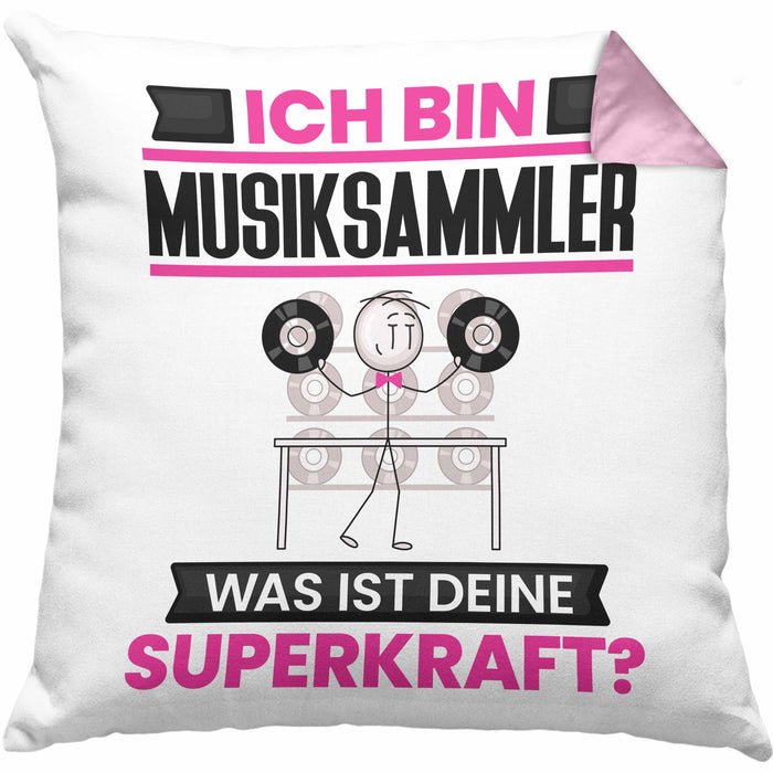 Musiksammler Kissen mit Füllung 40x40 Geschenk für Musiksammler Geburtstag Lustiger Spruch Was Ist Deine Superkraft (Grau) Rosa Trendation