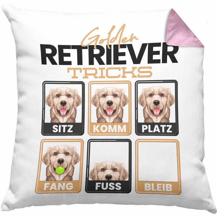 Golden Retriever Besitzer Kissen mit Füllung 40x40 Geschenk Lustiger Spruch Geschenkidee Golden Retriever Tricks Bleib (Grau) Rosa Trendation