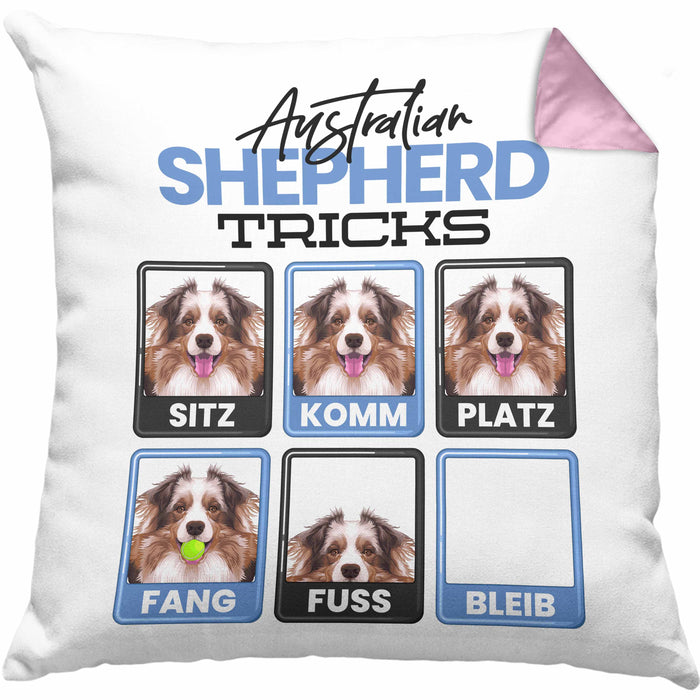Australian Shepherd Besitzer Kissen mit Füllung 40x40 Geschenk Lustiger Spruch Geschenkidee Australian Shepherd Tricks Bleib (Grau) Rosa Trendation