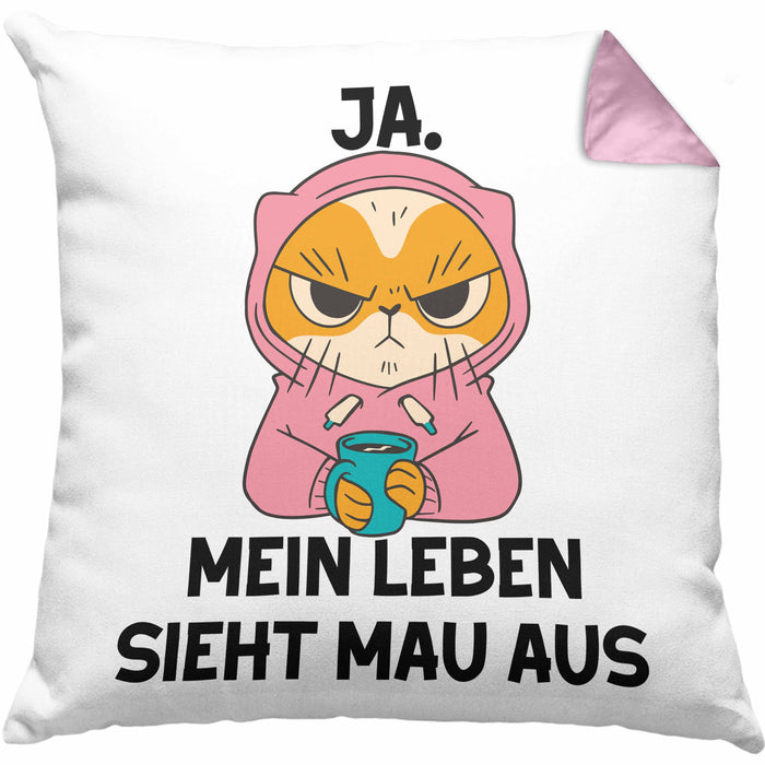 Dank Meme Kissen mit Füllung 40x40 Katzen Besitzer Wortspiel Ja Mein Leben Sieht Mau Aus Traurige Katze Geschenkidee Saure Katze Astronaut (Grau) Rosa Trendation