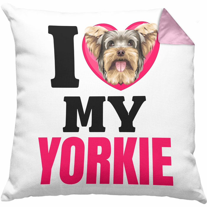 Yorkie Besitzerin Kissen mit Füllung 40x40 Geschenk Lustiger Spruch Geschenkidee I Love My Yorkie (Grau) Rosa Trendation