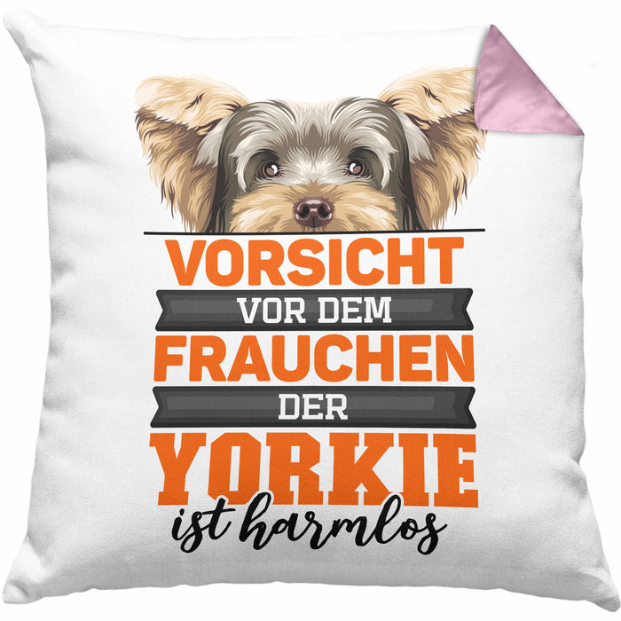 Yorkie-Besitzer Geschenk Kissen mit Füllung 40x40 Hund Yorkie Liebhaber Geschenkidee Vorsicht Vor Dem Frauchen Der Yorkie Ist Harmlos (Grau) Rosa Trendation