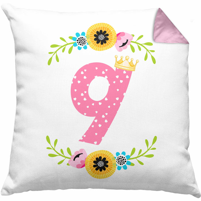 9. Geburtstag Mädchen Kissen mit Füllung 40x40 Geschenk zum Neunten Geburtsagsparty Grafik Krone 9 Jahre Alt (Grau) Rosa Trendation