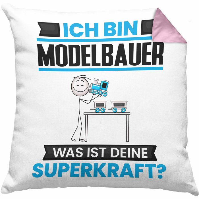 Modelbauer Kissen mit Füllung 40x40 Geschenk für Modelbauer Geburtstag Lustiger Spruch Was Ist Deine Superkraft (Grau) Rosa Trendation