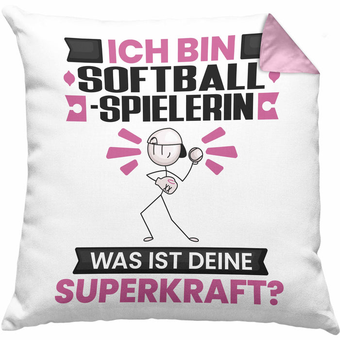 Softballspielerin Kissen mit Füllung 40x40 Geschenk für Softballspielerin Geburtstag Lustiger Spruch Was Ist Deine Superkraft (Grau) Rosa Trendation