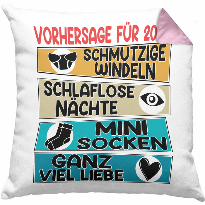 Schwangerschaft Verkünden 2024 Kissen mit Füllung 40x40 Geschenk Mann Vorhersage für 2024 Schmutzige Windeln Schlaflose Nächte (Grau) Rosa Trendation