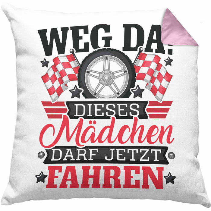 Führerschein Bestanden Geschenk Kissen mit Füllung 40x40 Bestandener Führerschein Weg Da Dieses Mädchen Darf Jetzt Fahren Motorrad Fahrschule (Grau) Rosa Trendation