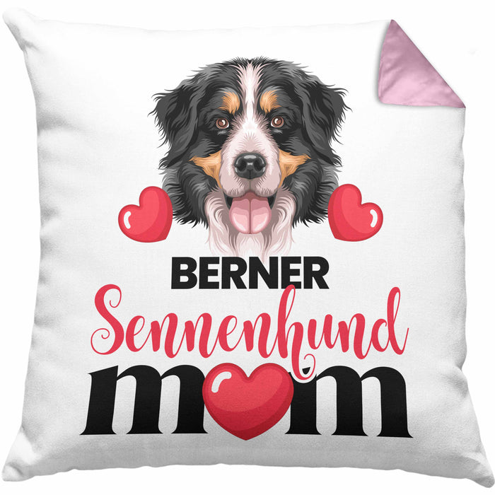 Berner Sennen Besitzer Mom Mama Kissen mit Füllung 40x40 Geschenk Lustiger Spruch Geschenkidee Berner Sennen Besitzerin (Grau) Rosa Trendation