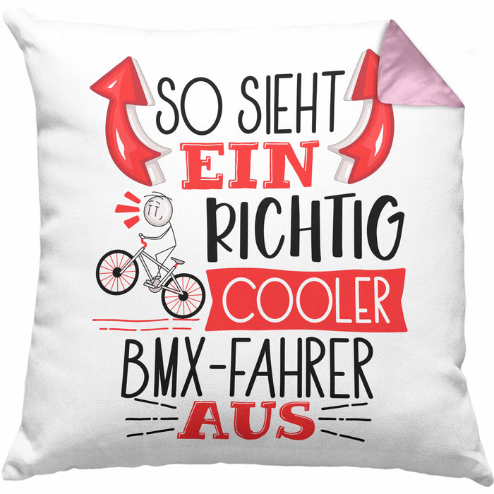 So Sieht Ein Richtig Cooler BMX-Fahrer Aus Geschenk Kissen mit Füllung 40x40 Lustiger Spruch Geschenkidee (Grau) Rosa Trendation