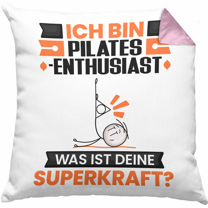 Pilates-Enthusiast Kissen mit Füllung 40x40 Geschenk für Pilates-Enthusiast Geburtstag Lustiger Spruch Was Ist Deine Superkraft (Grau) Rosa Trendation
