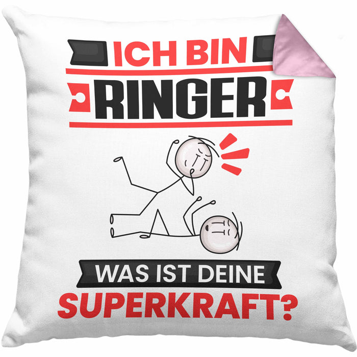 Ringer Kissen mit Füllung 40x40 Geschenk für Ringer Geburtstag Lustiger Spruch Was Ist Deine Superkraft (Grau) Rosa Trendation