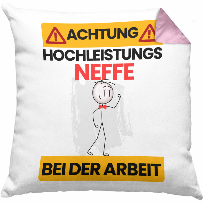 Neffe Kissen mit Füllung 40x40 Geschenk Lustiger Spruch Geschenkidee für Neffe Achtung Hochleistungs Neffe Bei Der Arbeit (Grau) Rosa Trendation