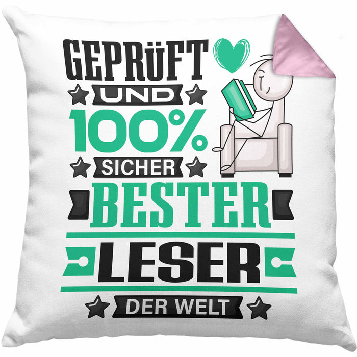 Leser Geschenk Lustiger Spruch für Leser Geschenkidee Bester Leser Der WeltKissen mit Füllung 40x40 (Grau) Rosa Trendation