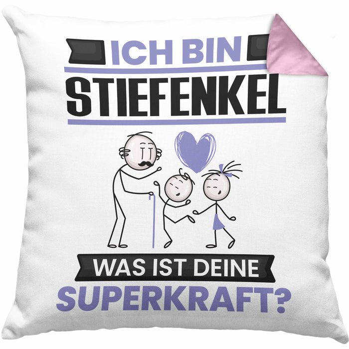Stiefenkel Kissen mit Füllung 40x40 Geschenk für Stiefenkel Geburtstag Lustiger Spruch Was Ist Deine Superkraft (Grau) Rosa Trendation