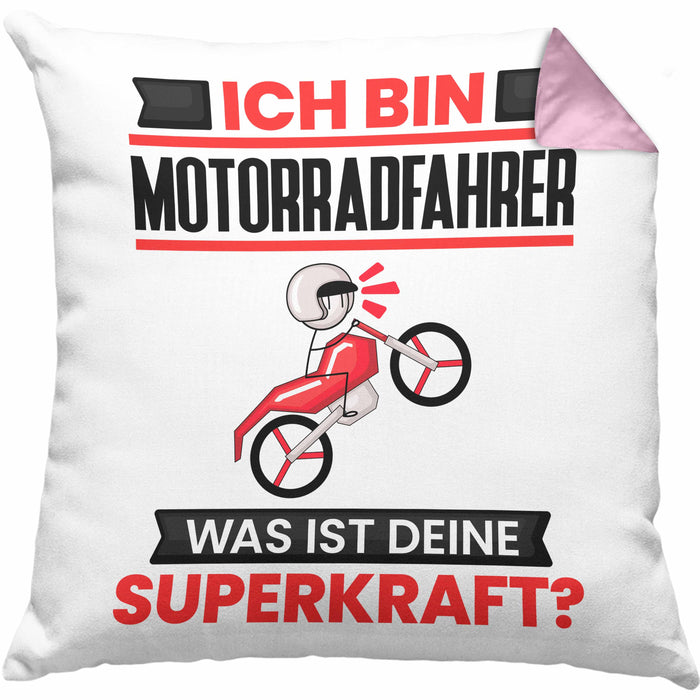 Motorradfahrer Kissen mit Füllung 40x40 Geschenk für Motorradfahrer Geburtstag Lustiger Spruch Was Ist Deine Superkraft (Grau) Rosa Trendation