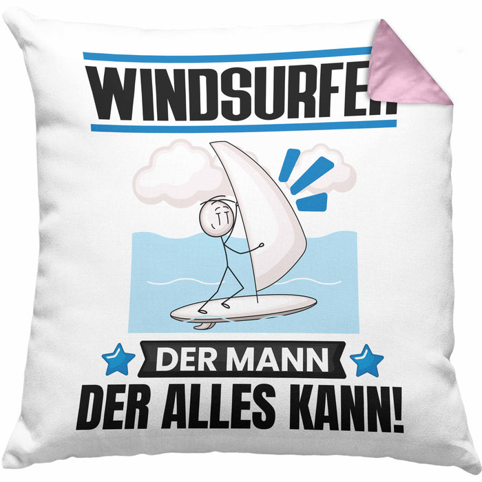 Windsurfer Kissen mit Füllung 40x40 Geschenk für Windsurfer Der Mann Der Alles Kann Geschenkidee zum Geburtstag (Grau) Rosa Trendation