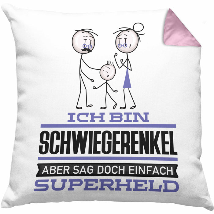 Schwiegerenkel Geschenk Kissen mit Füllung 40x40 Ich Bin Schwiegerenkel Aber Sag Doch Einfach Superheld Lustige Geschenkdiee für Schwiegerenkel (Grau) Rosa Trendation