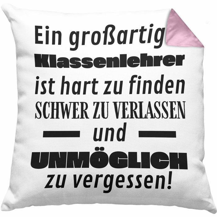 Klassenlehrer Abschied Geschenk Kissen mit Füllung 40x40 Abschiedsgeschenk für Klassenlehrer Hart Zu Finden Schwer Zu Verlassen (Grau) Rosa Trendation
