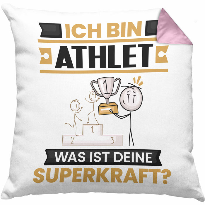 Athlet Kissen mit Füllung 40x40 Geschenk für Athlet Geburtstag Lustiger Spruch Was Ist Deine Superkraft (Grau) Rosa Trendation