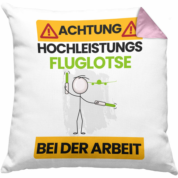 Fluglotse Kissen mit Füllung 40x40 Geschenk Lustiger Spruch Geschenkidee für Fluglotse Achtung Hochleistungs Fluglotse Bei Der Arbeit (Grau) Rosa Trendation