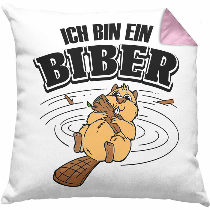 Bieber Kissen mit Füllung 40x40 Biebermotiv Geschenk Tierwohlhaber (Grau) Rosa Trendation