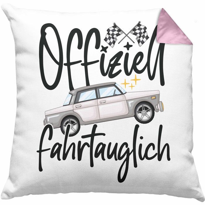 Führerschein Bestanden Geschenk Kissen mit Füllung 40x40 Bestandener Führerschein Offiziel Fahrtauglich Fahrschule (Grau) Rosa Trendation