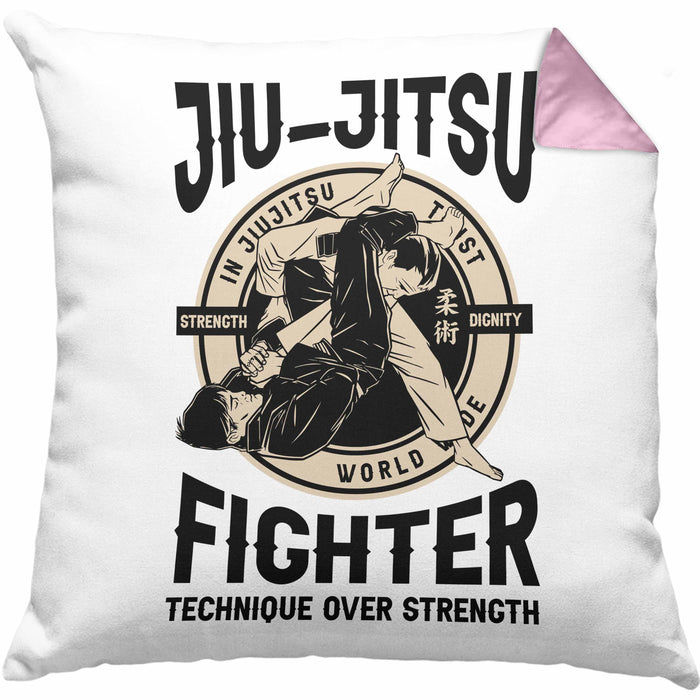 Jiu Jitsu Kissen mit Füllung 40x40 Geschenk für Kampfsportler Geschenkidee Technik über Stärke Spruch (Grau) Rosa Trendation